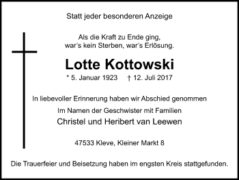 Traueranzeige von Lotte Kottowski von Klever Wochenblatt