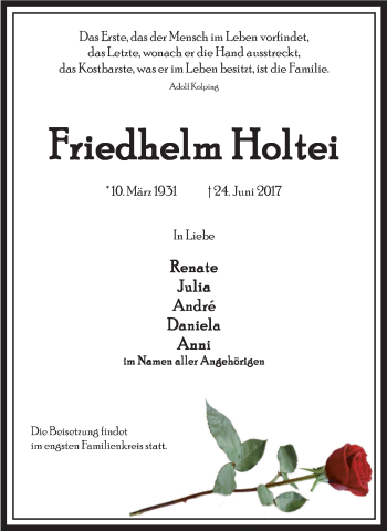 Traueranzeige von Friedhelm Holtei von Mülheimer Woche