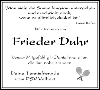 Traueranzeige von Frieder Duhr von Stadtanzeiger Velbert + Heiligenhaus