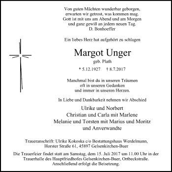 Traueranzeige von Margot Unger von Stadtspiegel Gelsenkirchen