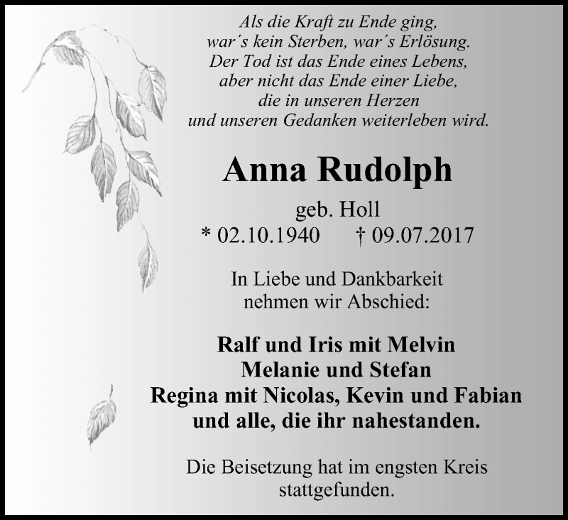  Traueranzeige für Anna Rudolph vom 15.07.2017 aus Stadtspiegel Bottrop