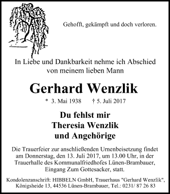 Traueranzeige von Gerhard Wenzlik von Lüner Anzeiger