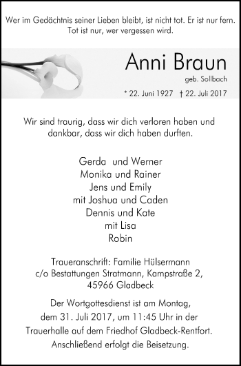 Traueranzeige von Anni Braun von Stadtspiegel Gladbeck