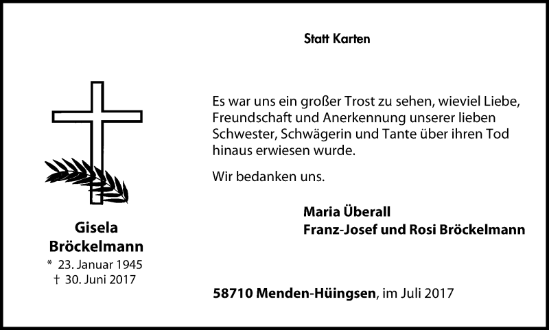  Traueranzeige für Gisela Bröckelmann vom 29.07.2017 aus Stadtspiegel Menden + Froendenberg