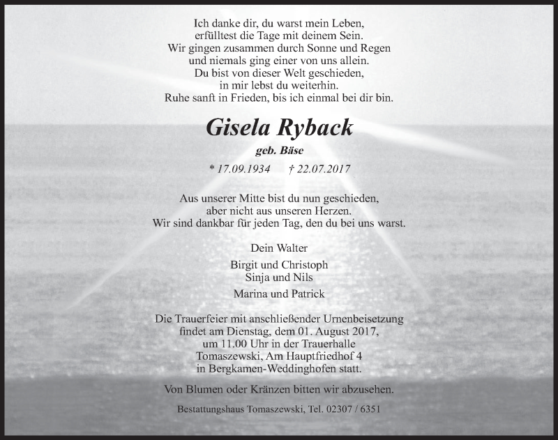  Traueranzeige für Gisela Ryback vom 29.07.2017 aus Lüner Anzeiger