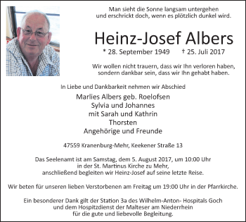 Traueranzeige von Heinz-Josef Albers von Klever Wochenblatt