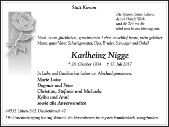 Traueranzeige von Karlheinz Nigge von Lüner Anzeiger