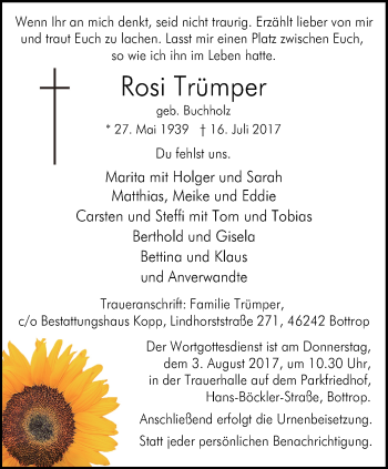 Traueranzeige von Rosi Trümper von Stadtspiegel Bottrop