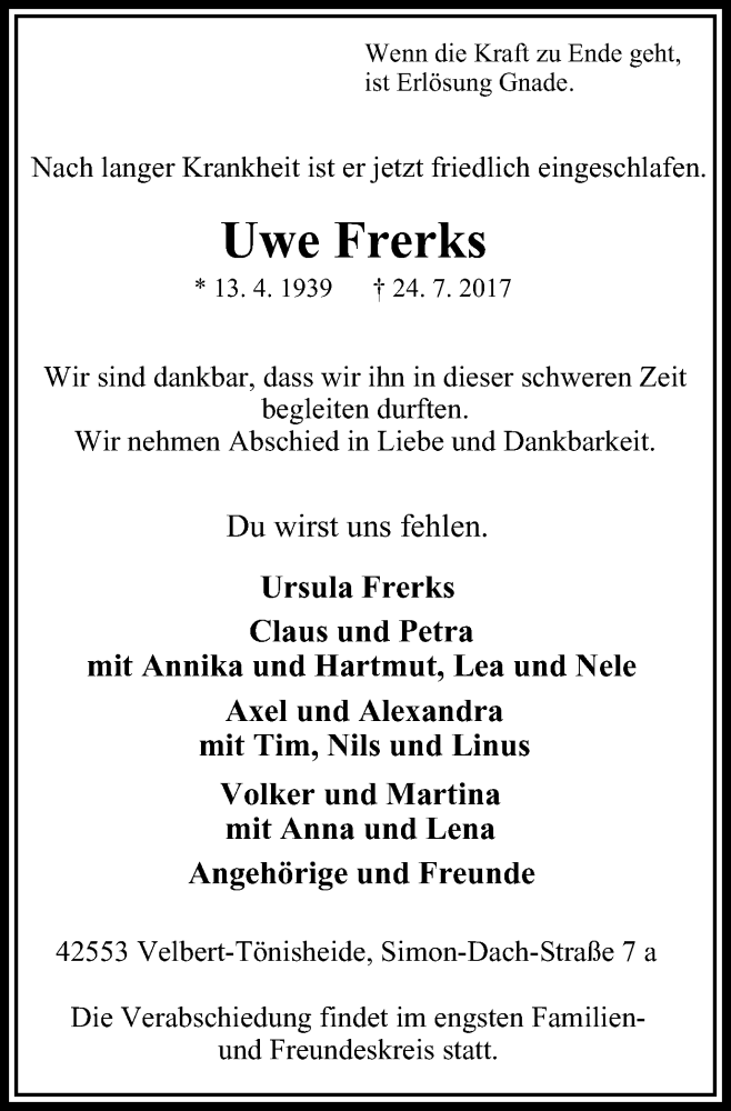  Traueranzeige für Uwe Frerks vom 29.07.2017 aus Stadtanzeiger Velbert + Heiligenhaus
