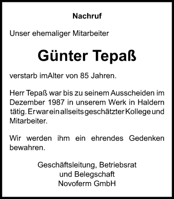Traueranzeige von Günter Tepaß von Stadtanzeiger Emmerich/Rees/Isselburg