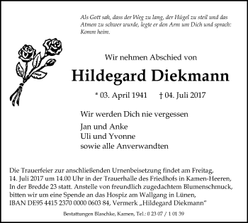 Traueranzeige von Hildegard Diekmann von Stadtspiegel Kamen + Unna