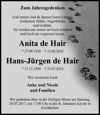 Traueranzeige von Anita und Hans-Jürgen de Hair von Stadtspiegel Bottrop