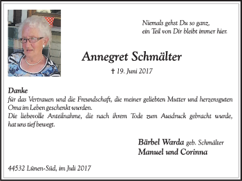 Traueranzeige von Annegret Schmälter von Lüner Anzeiger