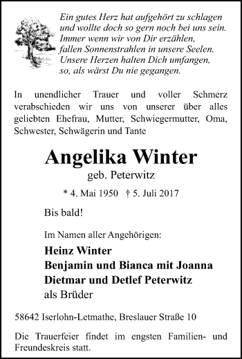 Traueranzeige von Angelika Winter von Stadtspiegel Iserlohn + Hemer