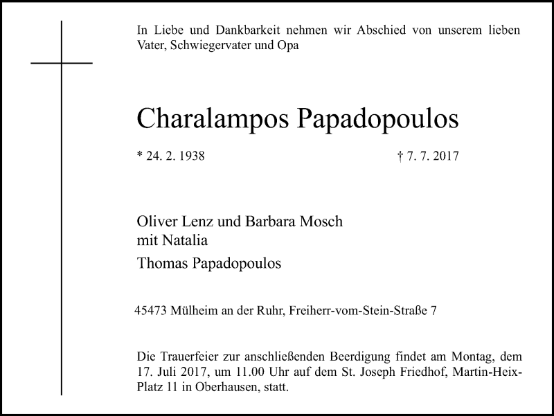  Traueranzeige für Charalampos Papadopoulos vom 15.07.2017 aus Mülheimer Woche