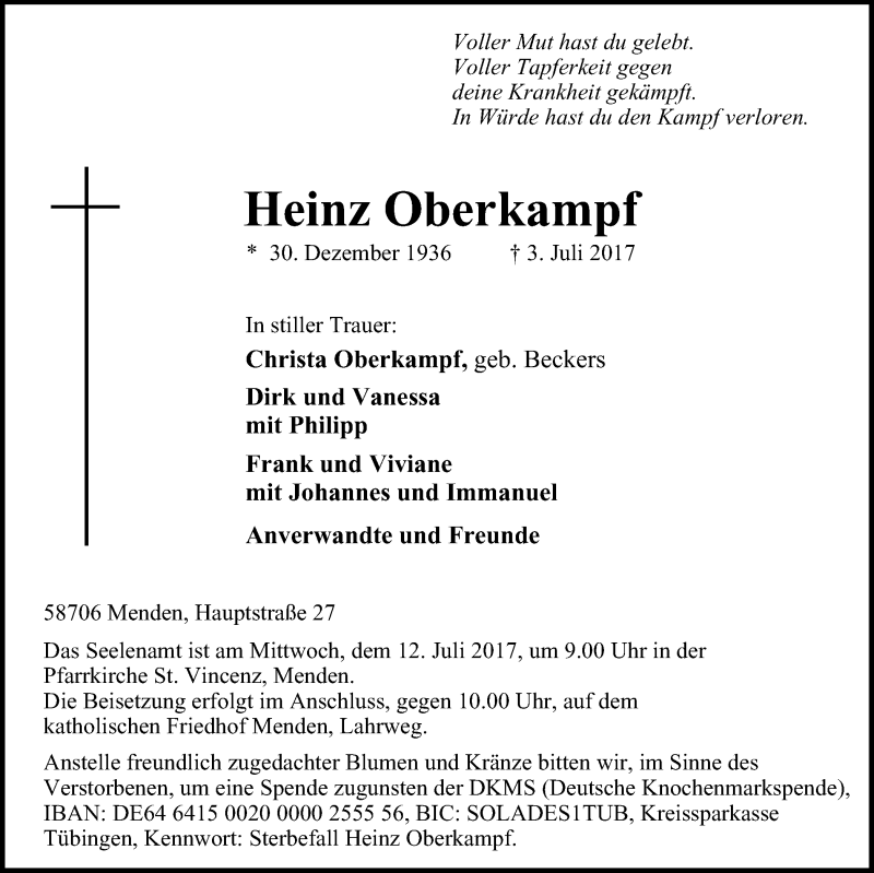  Traueranzeige für Heinz Oberkampf vom 08.07.2017 aus Stadtspiegel Menden + Froendenberg