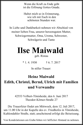 Traueranzeige von Ilse Maiwald von Stadtanzeiger Velbert + Heiligenhaus
