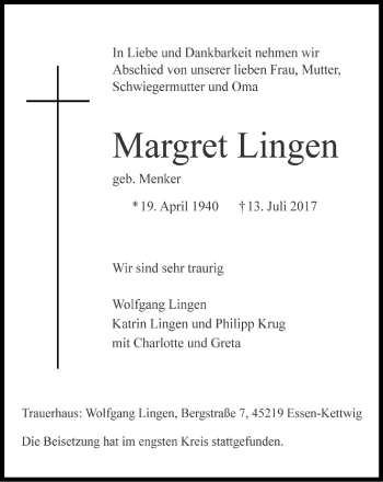 Traueranzeige von Margret Lingen von Kettwig Kurier