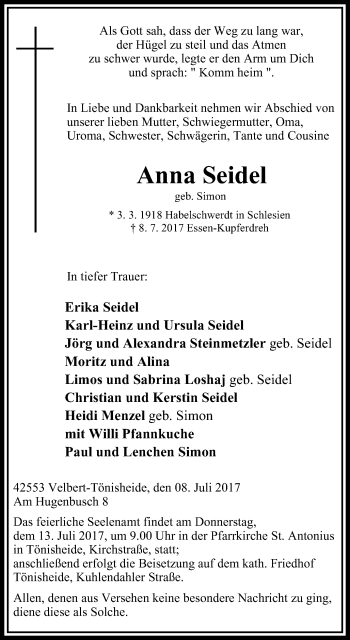 Traueranzeige von Anna Seidel von Stadtanzeiger Velbert + Heiligenhaus