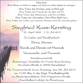 Traueranzeige von Siegfried Ktitss-Keptsfing von Stadtspiegel Hattingen/Niedersprockhövel