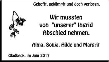 Traueranzeige von Ingrid  von Stadtspiegel Gladbeck