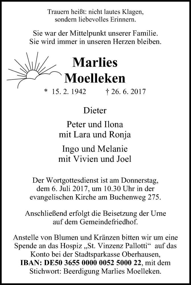  Traueranzeige für Marlies Moelleken vom 01.07.2017 aus Wochen-Anzeiger Oberhausen