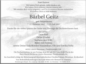 Traueranzeige von Bärbel Geitz von Lüner Anzeiger