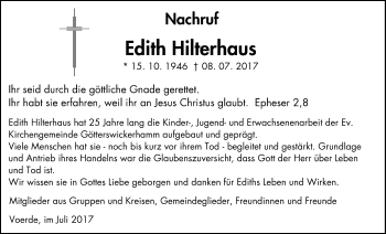 Traueranzeige von Edith Hilterhaus von Niederrhein-Anz. Dinsl./Voerde/Hünxe
