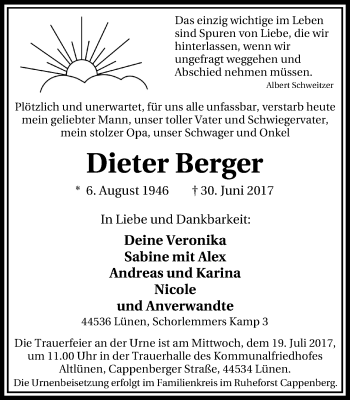 Traueranzeige von Dieter Berger von Lüner Anzeiger