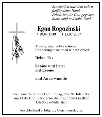 Traueranzeige von Egon Rogozinski von Stadtspiegel Gladbeck