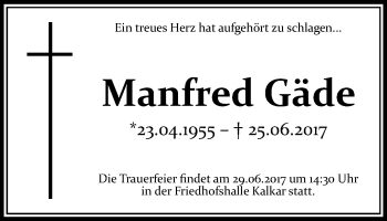 Traueranzeige von Manfred Gäde von Stadtanzeiger Emmerich/Rees/Isselburg