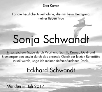 Traueranzeige von Sonja Schwandt von Stadtspiegel Menden+Fröndenberg+Iserlohn/Hemer