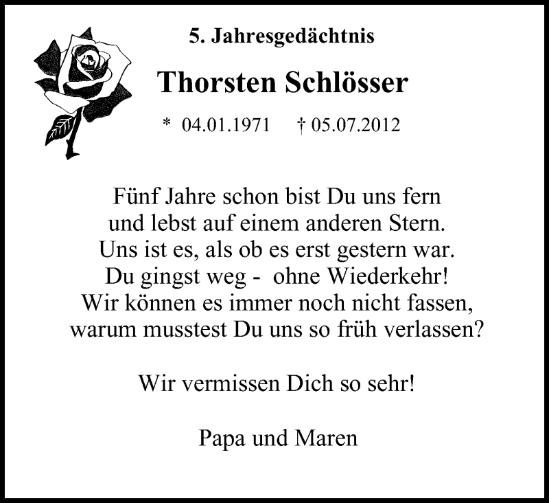  Traueranzeige für Thorsten Schlösser vom 08.07.2017 aus Mülheimer Woche