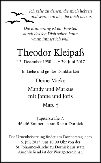 Traueranzeige von Theodor Kleipaß von Stadtanzeiger Emmerich/Rees/Isselburg