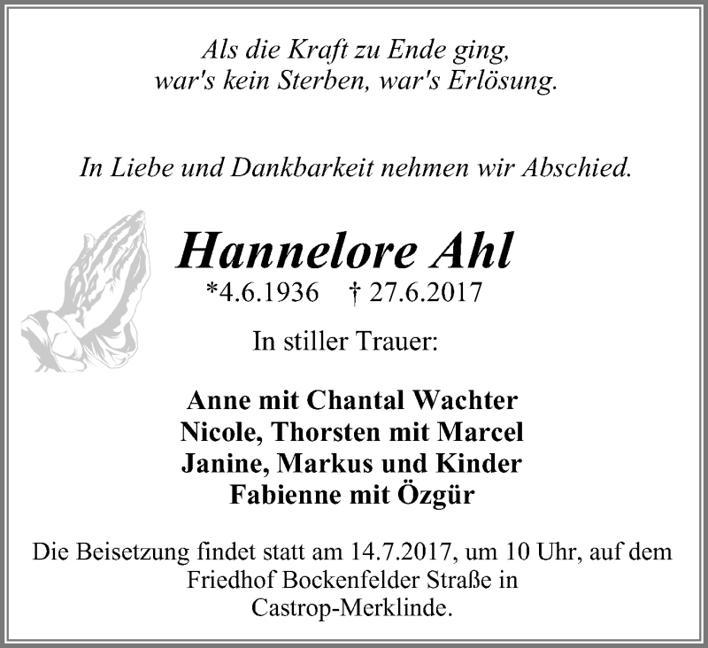 Traueranzeige für Hannelore Ahl vom 08.07.2017 aus Stadtanz.Castrop-Rauxel