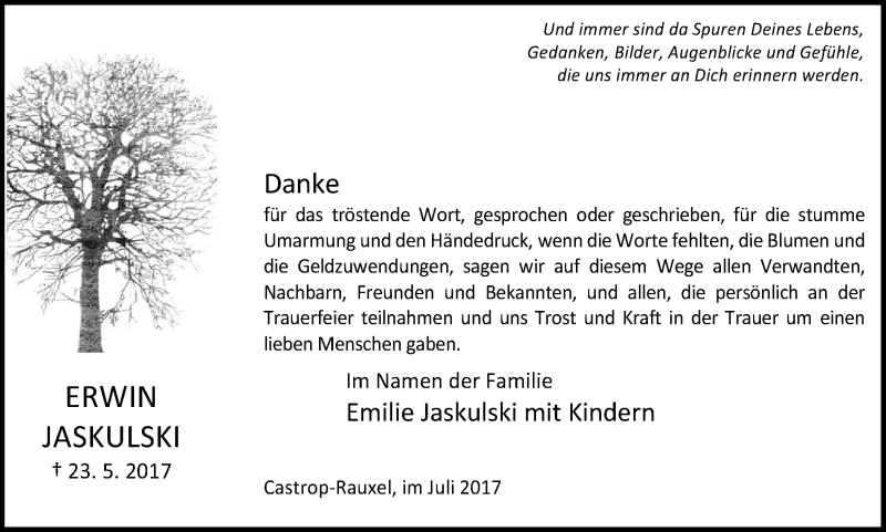  Traueranzeige für Erwin Jaskulski vom 12.07.2017 aus Stadtanz.Castrop-Rauxel