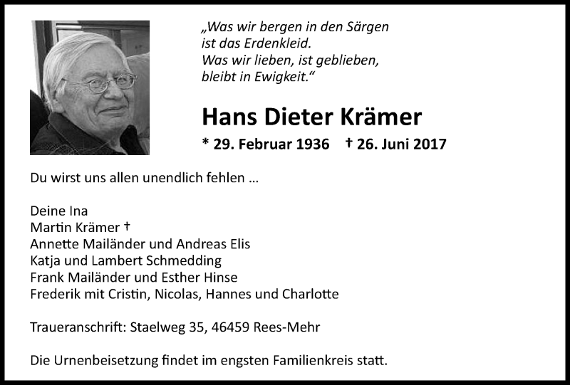 Traueranzeigen von Hans Dieter Krämer | Trauer-in-NRW.de