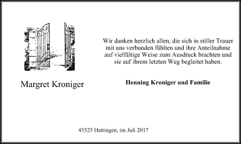 Traueranzeige von Margret Kroniger von Stadtspiegel Hattingen/Niedersprockhövel