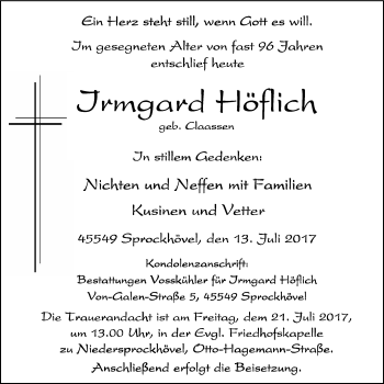 Traueranzeige von Irmgard Höflich von Stadtspiegel Hattingen/Niedersprockhövel