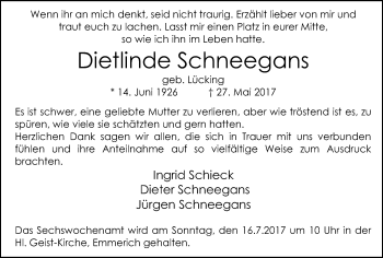 Traueranzeige von Dietlinde Schneegans von Stadtanzeiger Emmerich/Rees/Isselburg