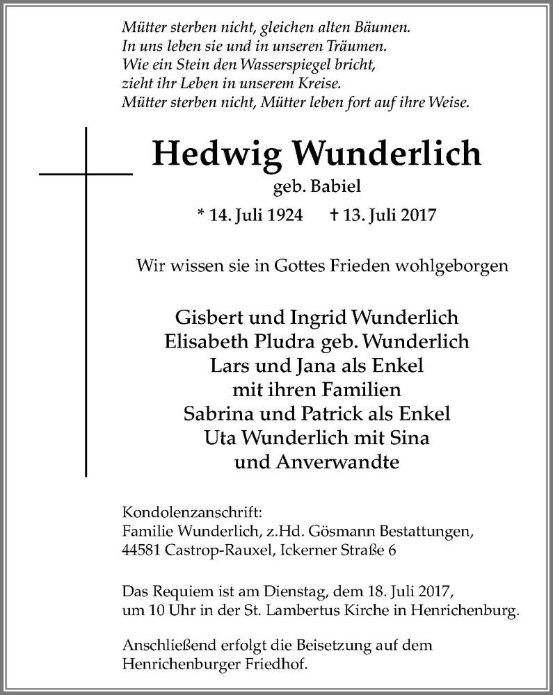  Traueranzeige für Hedwig Wunderlich vom 15.07.2017 aus Stadtanz.Castrop-Rauxel