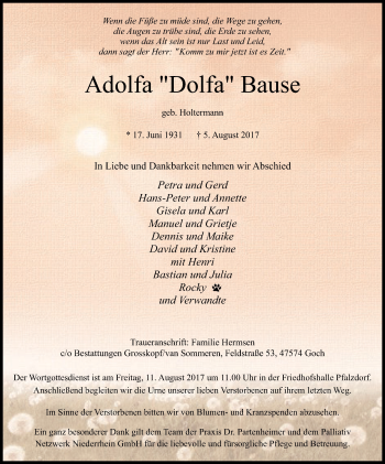 Traueranzeige von Adolfa Dolfa Bause von Gocher Wochenblatt