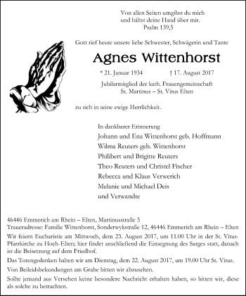 Traueranzeige von Agnes Wittenhorst von Stadtanzeiger Emmerich/Rees/Isselburg