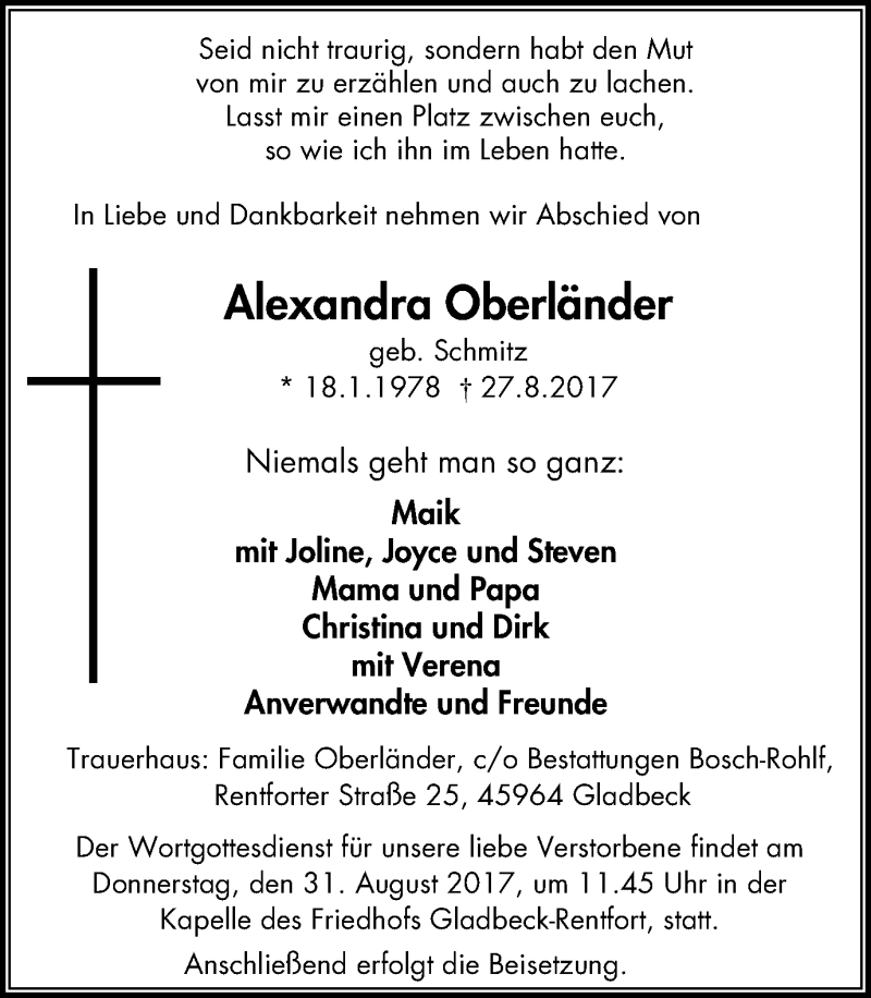  Traueranzeige für Alexandra Oberländer vom 30.08.2017 aus Stadtspiegel Gladbeck