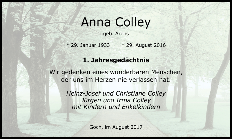  Traueranzeige für Anna Colley vom 26.08.2017 aus Gocher Wochenblatt