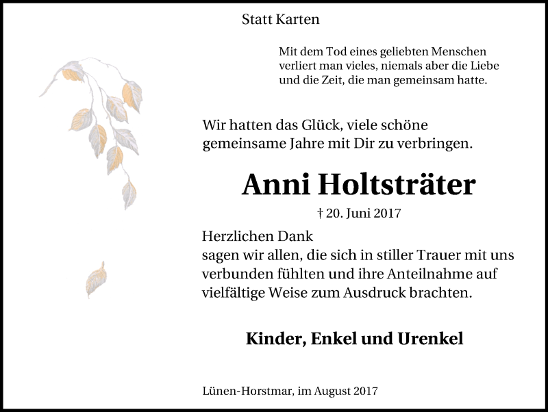  Traueranzeige für Anni Holtsträter vom 05.08.2017 aus Lüner Anzeiger