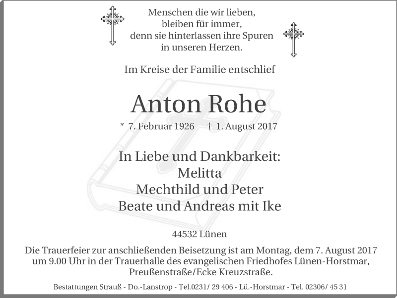  Traueranzeige für Anton Rohe vom 05.08.2017 aus Lüner Anzeiger