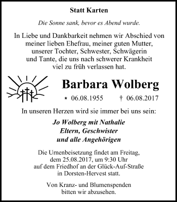 Traueranzeige von Barbara Wolberg von Stadtspiegel Haltern + Dorsten