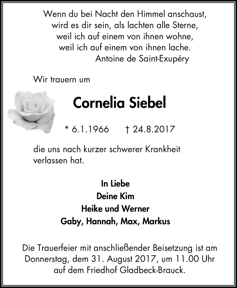  Traueranzeige für Cornelia Siebel vom 30.08.2017 aus Stadtspiegel Gladbeck