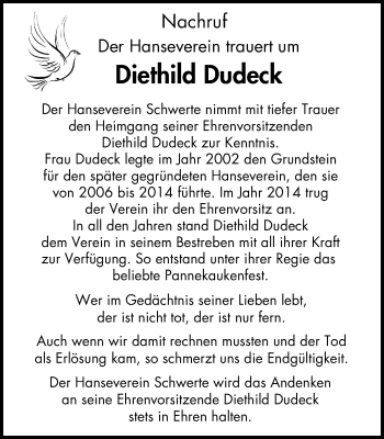 Traueranzeige von Diethild Dudeck von WVW Anzeigenblätter